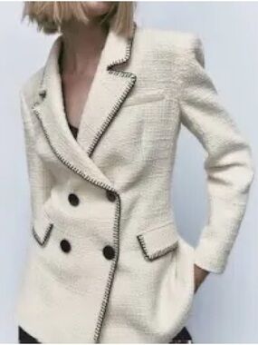 Cream Double-Breasted Tweed Blazer Jacket by Zara Size S